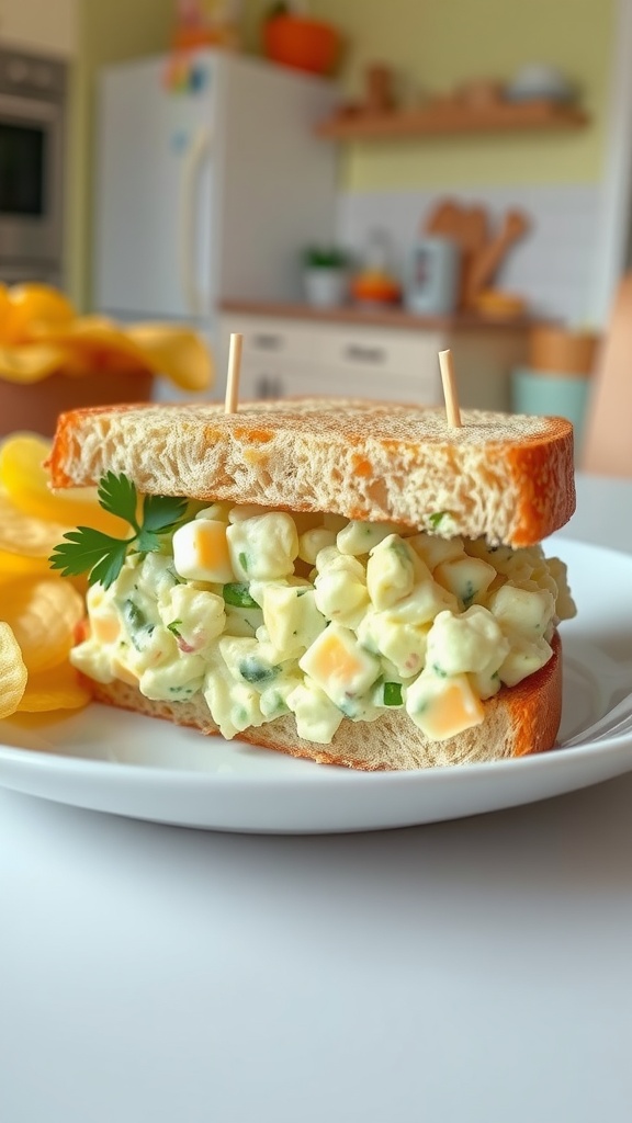 A delicious egg salad sandwich cut in half, showcasing the creamy filling, served with potato chips on a plate.